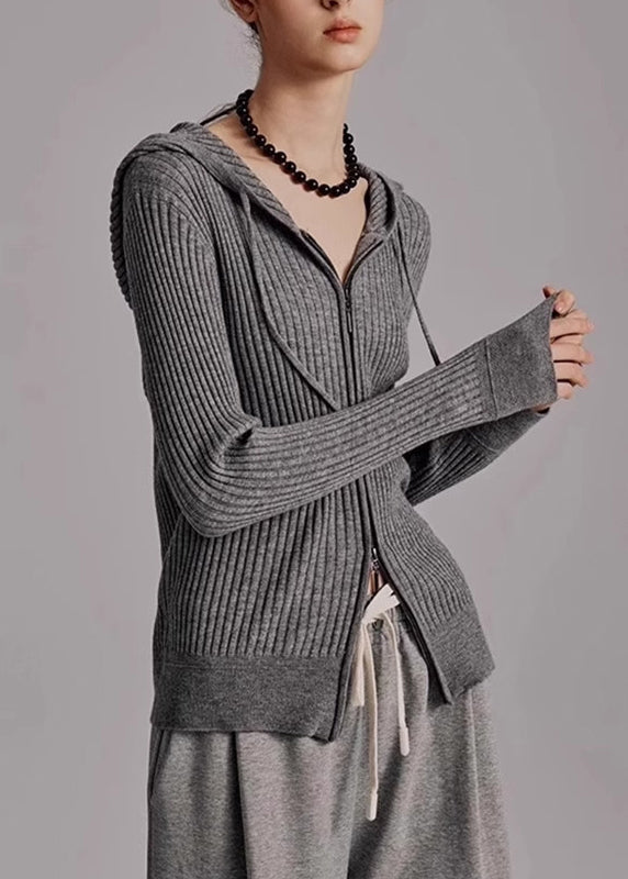 Organic Grey Hooded Zippered Knit Cardigans