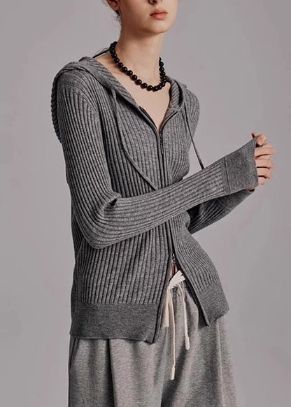 Organic Grey Hooded Zippered Knit Cardigans