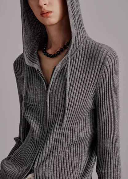 Organic Grey Hooded Zippered Knit Cardigans