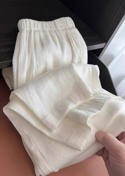 Organic White Elastic Waist Draping Linen Straight Pants