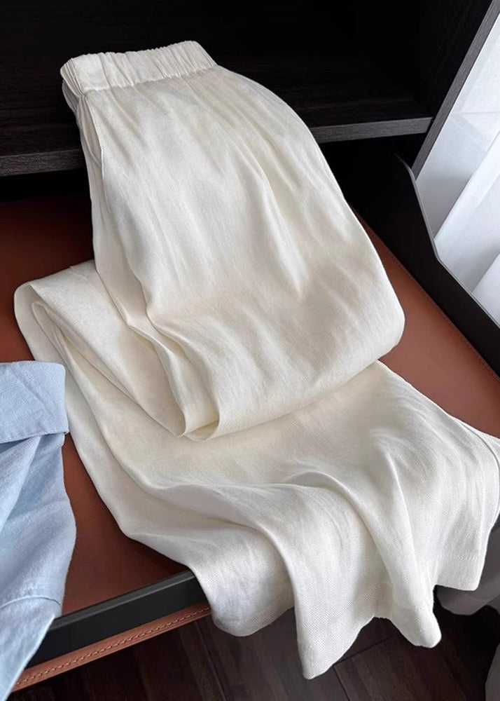 Organic White Elastic Waist Draping Linen Straight Pants