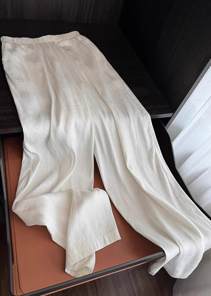 Organic White Elastic Waist Draping Linen Straight Pants