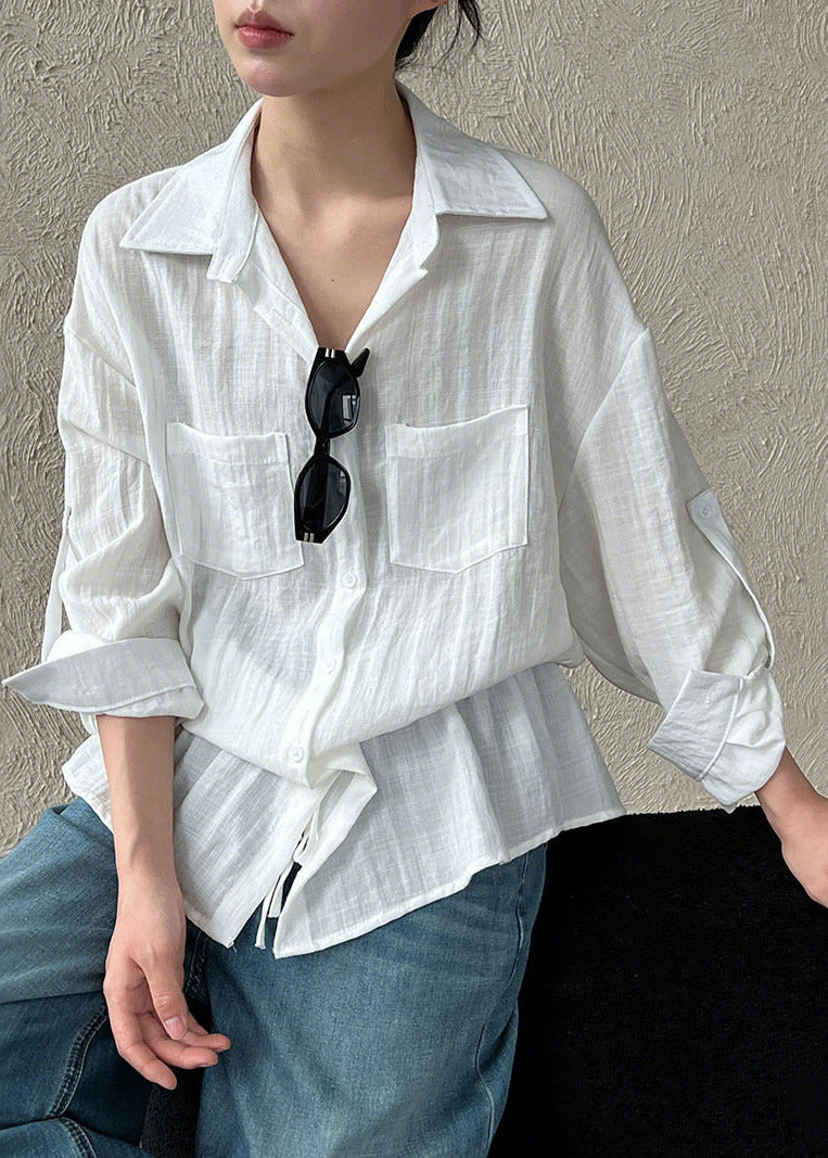 Plus Size White Cinched Cotton Upf 50+ Blouses