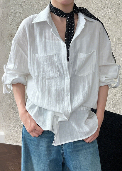 Plus Size White Cinched Cotton Upf 50+ Blouses