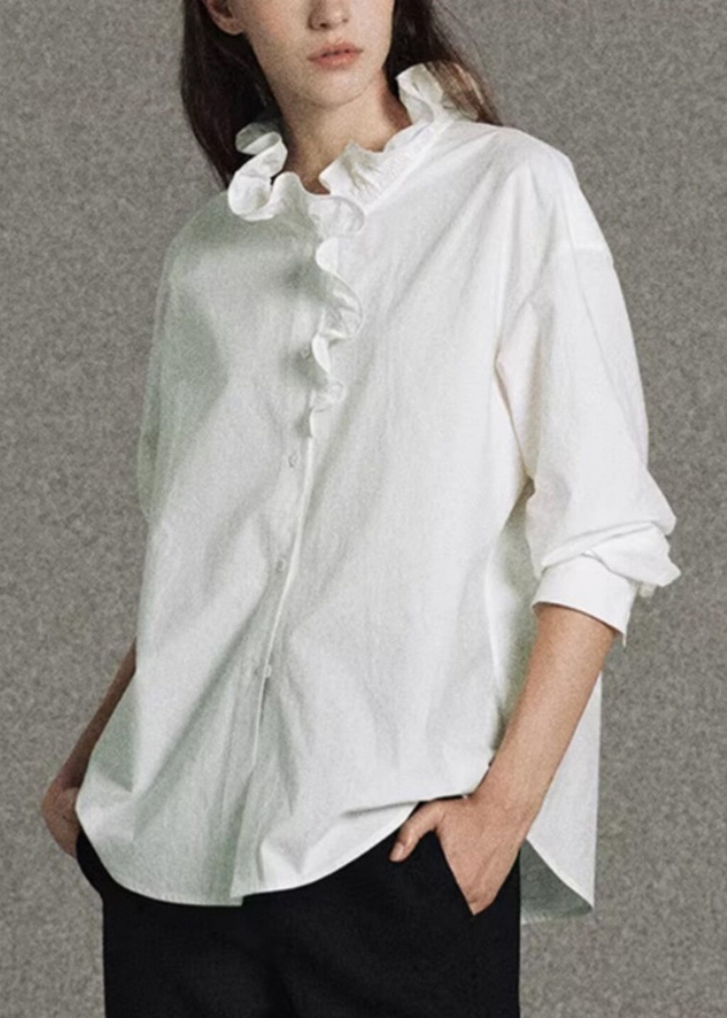 Plus Size White Ruffled Cotton Shirt