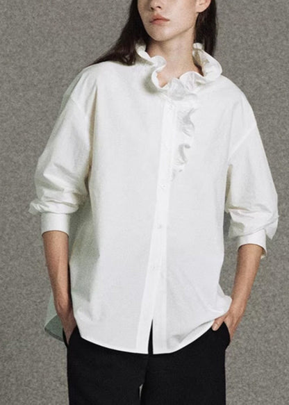 Plus Size White Ruffled Cotton Shirt
