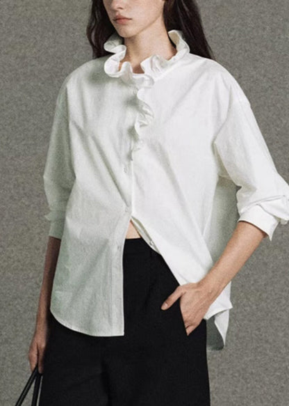 Plus Size White Ruffled Cotton Shirt