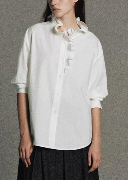 Plus Size White Ruffled Cotton Shirt