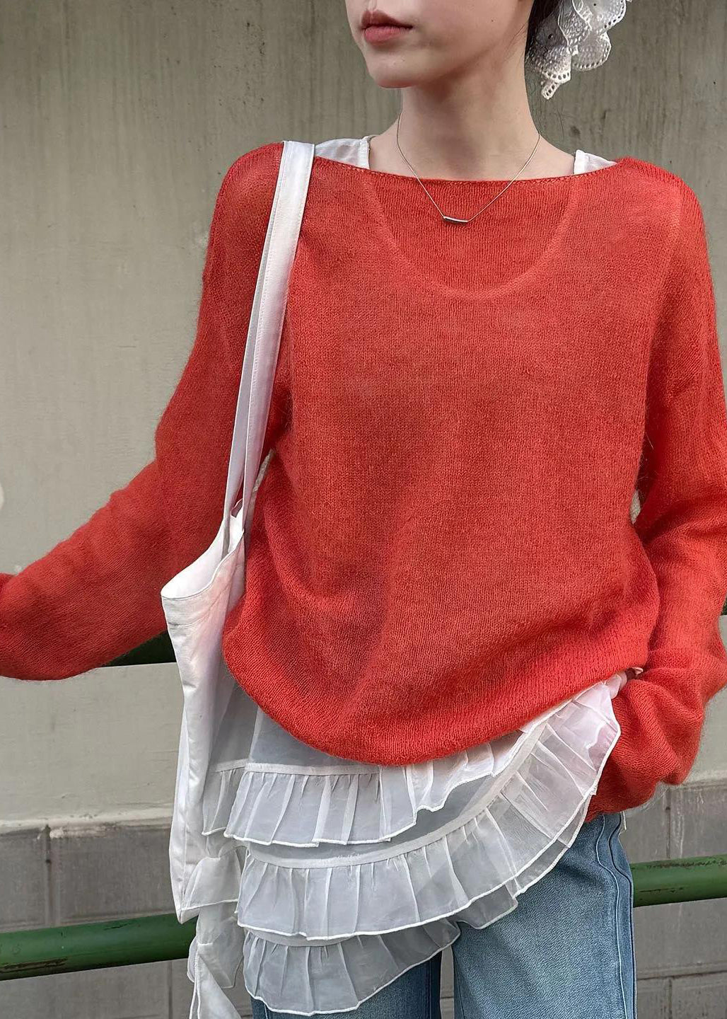 Red Loose Knit Slash Neck Hollow Out