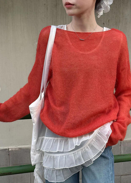 Red Loose Knit Slash Neck Hollow Out