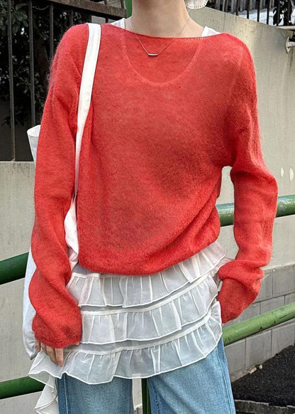 Red Loose Knit Slash Neck Hollow Out