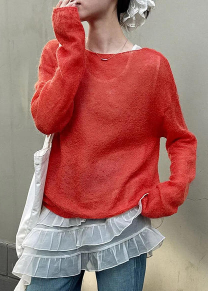 Red Loose Knit Slash Neck Hollow Out