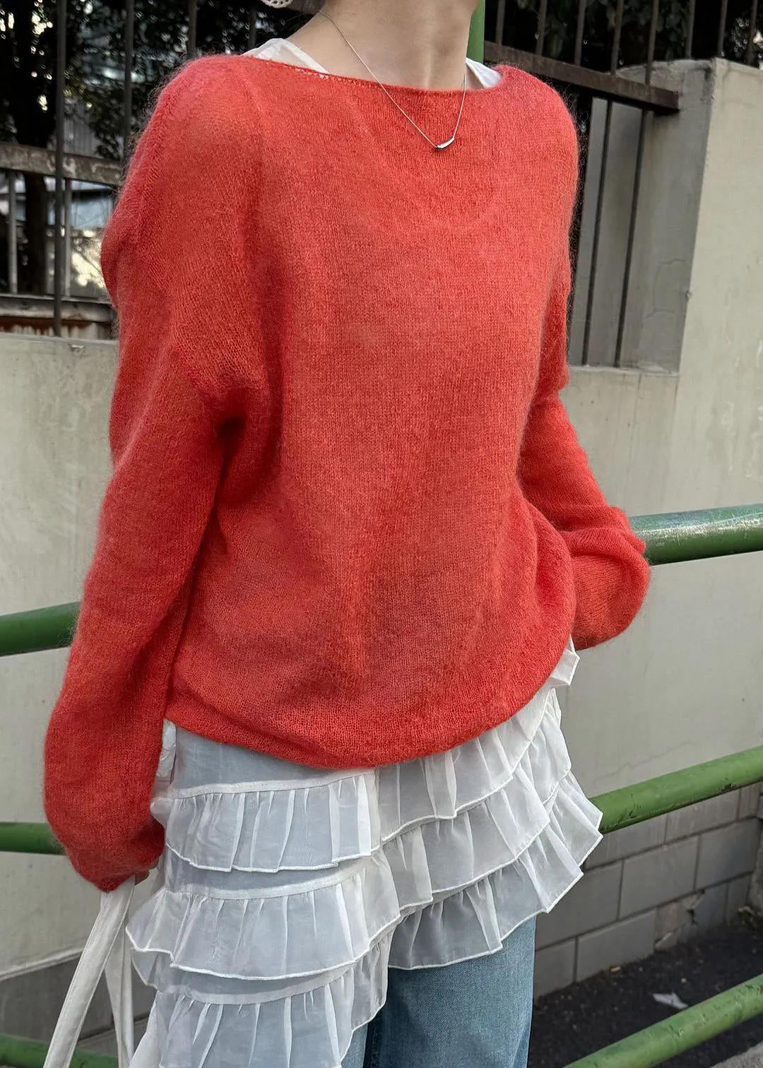 Red Loose Knit Slash Neck Hollow Out