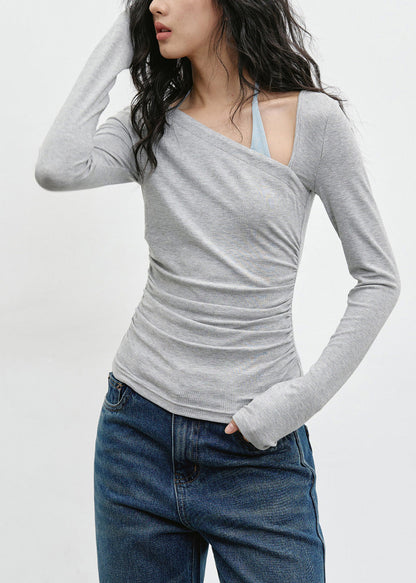 Slim Fit Slanted Shoulder Grey Long Sleeved T-Shirt 2026