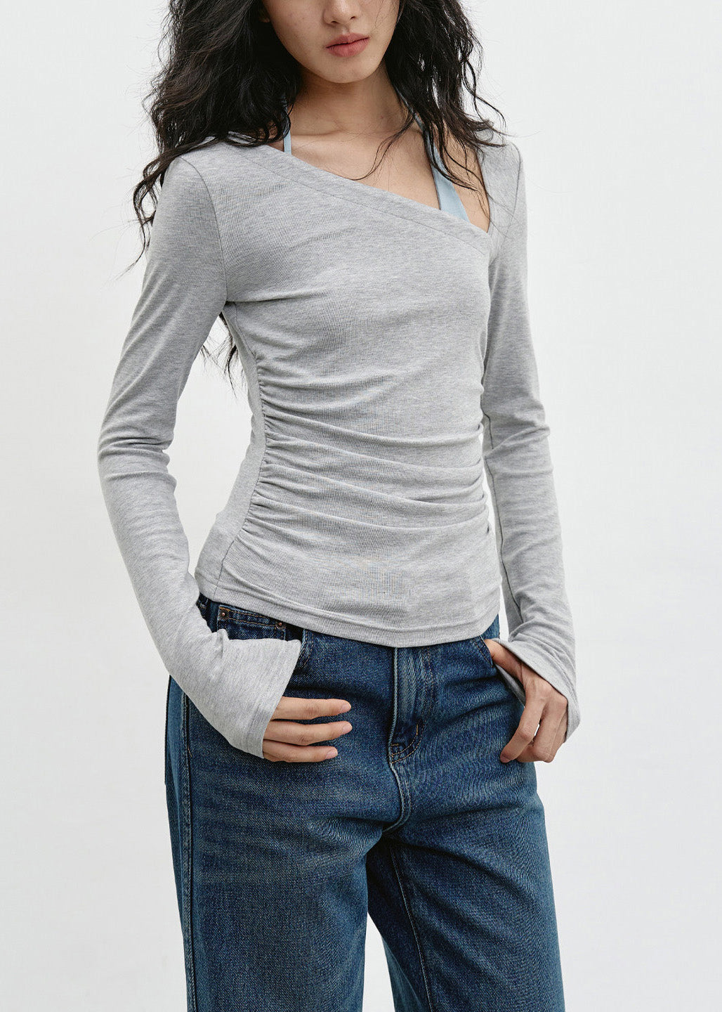 Slim Fit Slanted Shoulder Grey Long Sleeved T-Shirt 2026