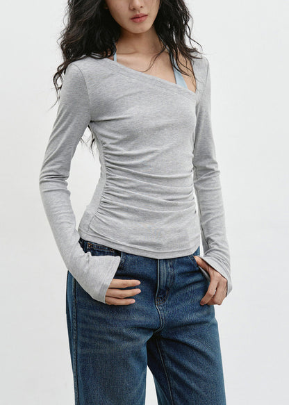 Slim Fit Slanted Shoulder Grey Long Sleeved T-Shirt 2026