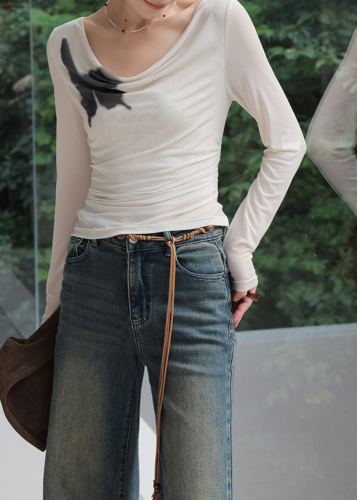 Beige Print Long Sleeved T-Shirt
