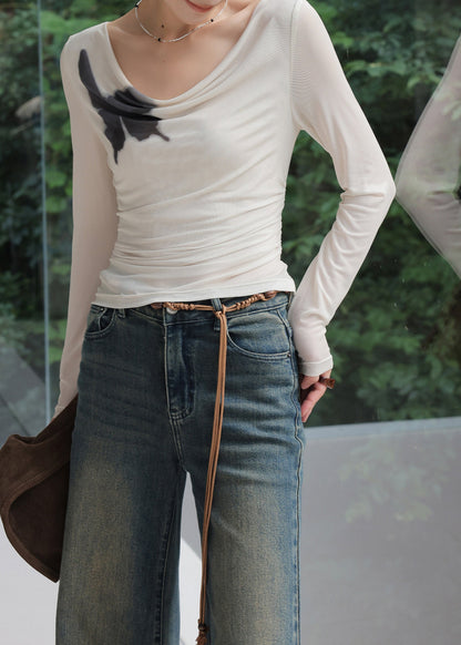Beige Print Long Sleeved T-Shirt