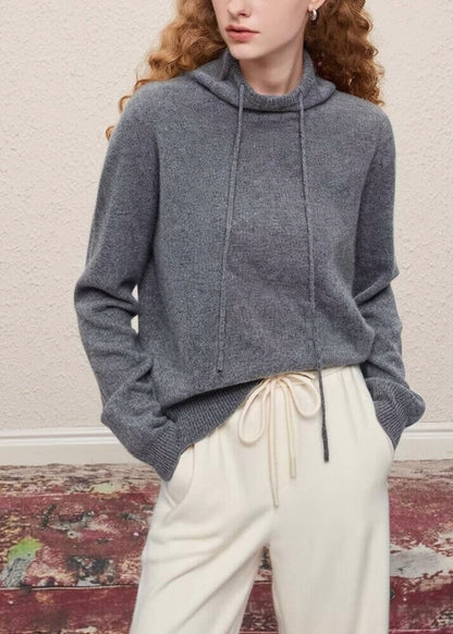 Grey Hooded Drawstring Knit Pullover