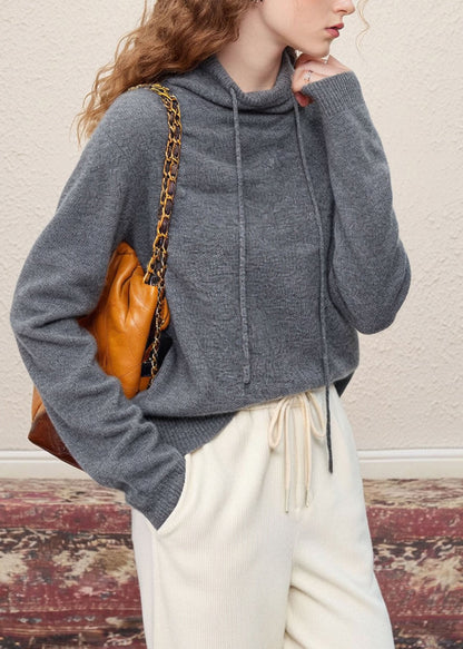 Grey Hooded Drawstring Knit Pullover