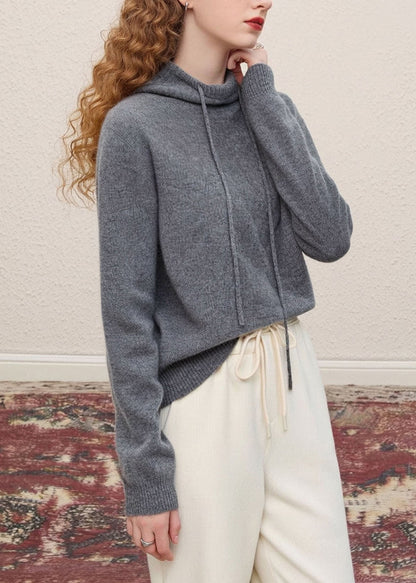Grey Hooded Drawstring Knit Pullover