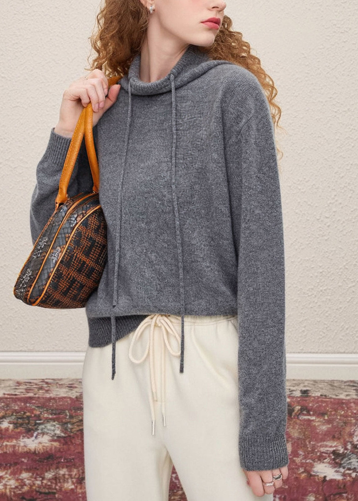 Grey Hooded Drawstring Knit Pullover