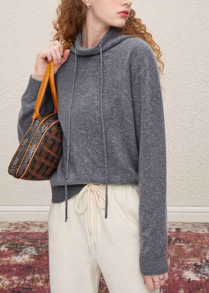 Grey Hooded Drawstring Knit Pullover
