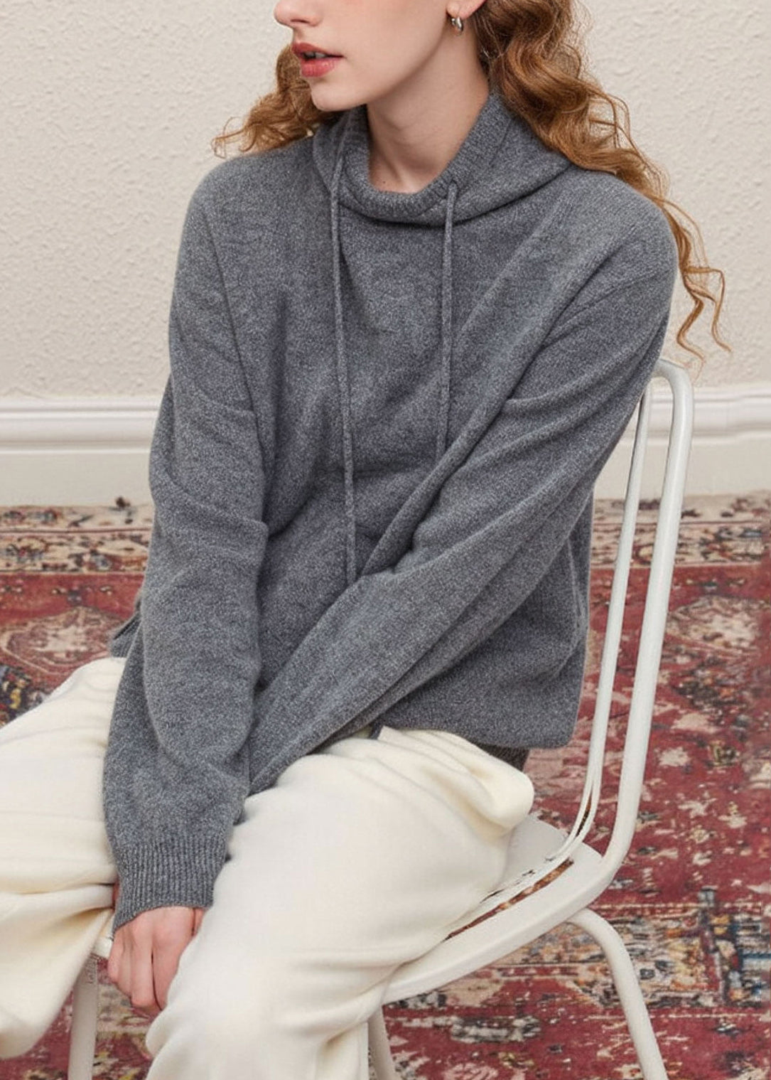 Grey Hooded Drawstring Knit Pullover