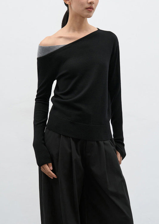Black Cold Shoulder Patchwork Knit Sweaters