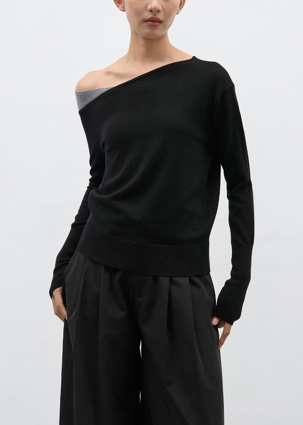 Black Cold Shoulder Patchwork Knit Sweaters