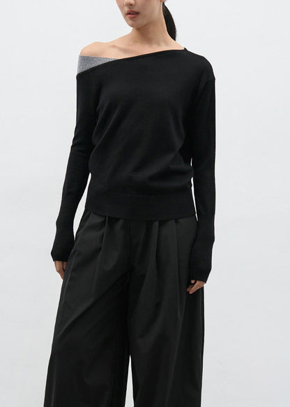 Black Cold Shoulder Patchwork Knit Sweaters