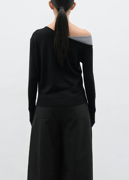 Black Cold Shoulder Patchwork Knit Sweaters