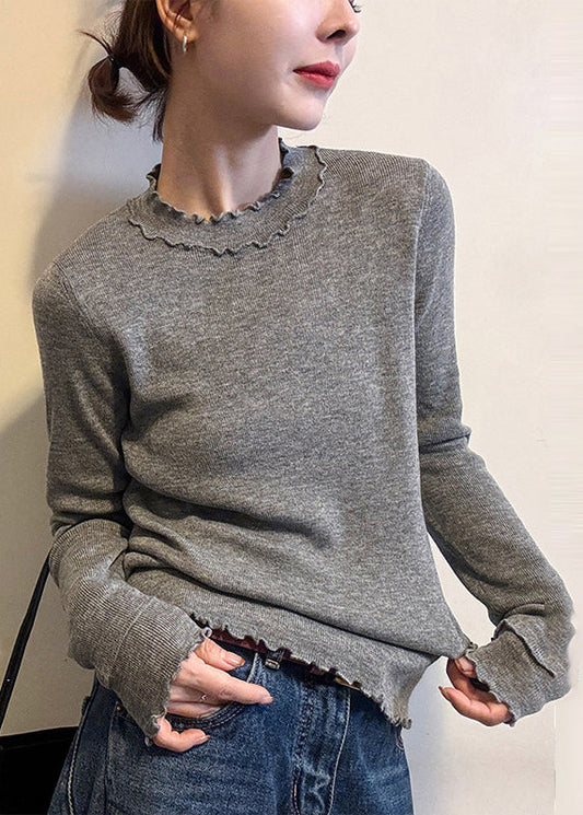 Grey Ruffled Silm Fit Knit Pullover