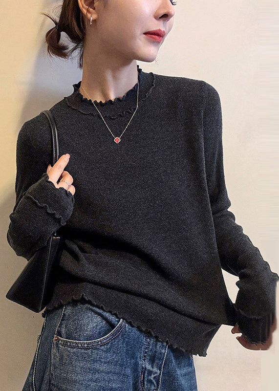 Grey Ruffled Silm Fit Knit Pullover