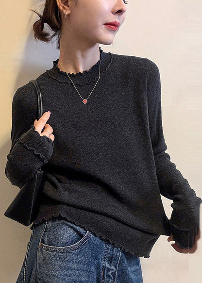 Grey Ruffled Silm Fit Knit Pullover