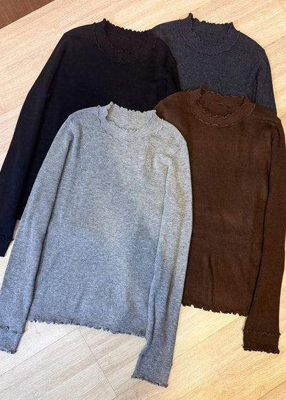 Grey Ruffled Silm Fit Knit Pullover