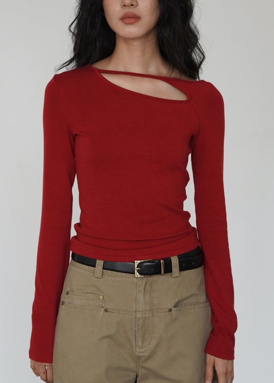 Red Hollow Out Cotton T Shirt