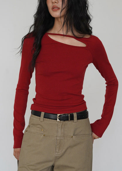 Red Hollow Out Cotton T Shirt