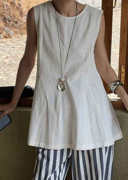 White O-Neck Wrinkled Linen A Line Sleeveless
