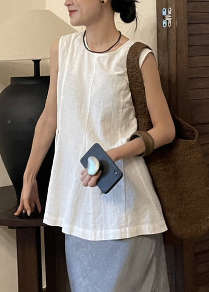 White O-Neck Wrinkled Linen A Line Sleeveless
