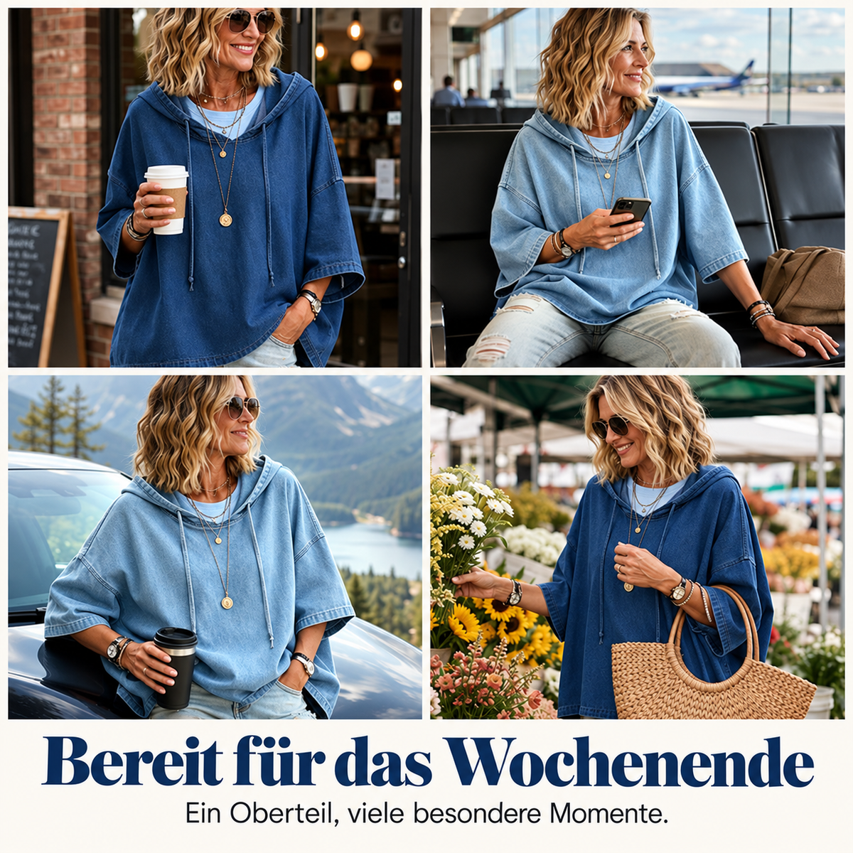 Lässiger, weit geschnittener Jeans-Kapuzenpullover für Damen