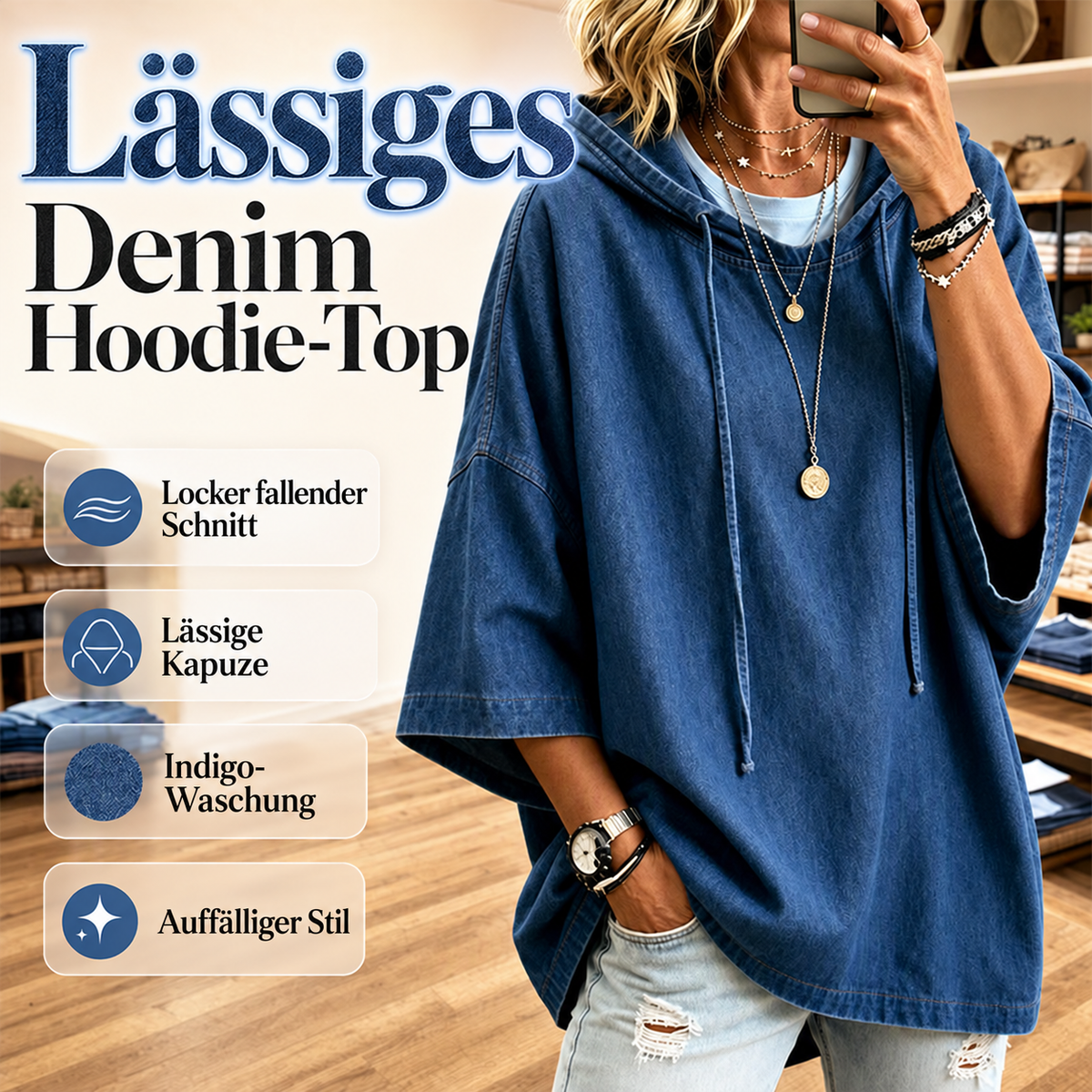 Lässiger, weit geschnittener Jeans-Kapuzenpullover für Damen